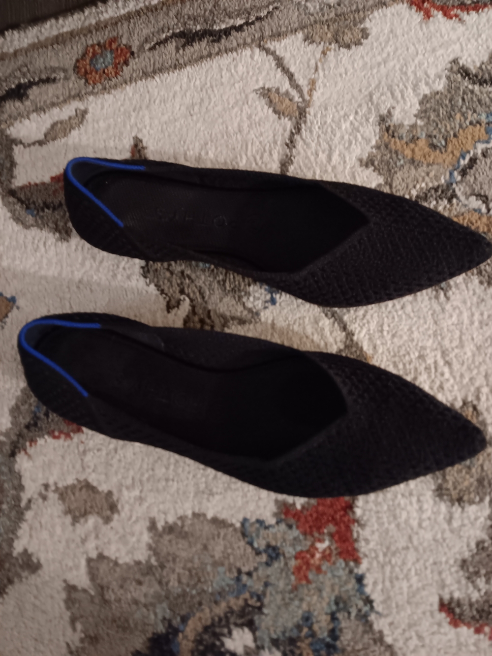 Rothy's Black Pointed Mesh Flats with Blue Trim